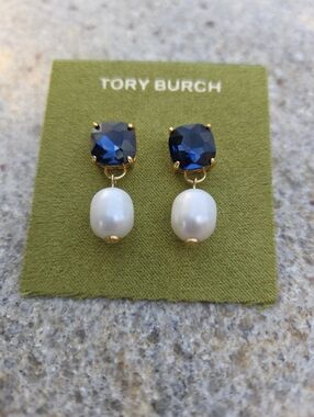 Tory Burch Blue Crystal & Pearl Drop Earrings – Gold Tone